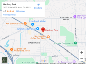 A map of Hardesty Park in Akron, OH where the Realm of Avalon currently practices on Sundays at 1pm.