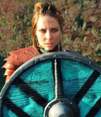 Acorn with her version of Lagertha from "Vikings" shield.